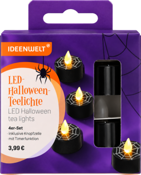 IDEENWELT LED Halloween tea lights, 4 czarne tealighty ze świecącymi pajęczynami, w fioletowym opakowaniu. Z przodu.