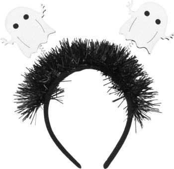 Opaska na głowę z czarną puszystą taśmą i dwoma białymi duszkami po bokach, widok z przodu, na Halloween.