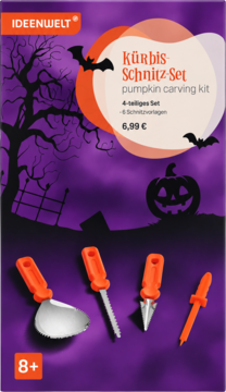 Zestaw do rzeźbienia dyni Ideenwelt z 4 pomarańczowymi narzędziami, widok opakowania Halloween.