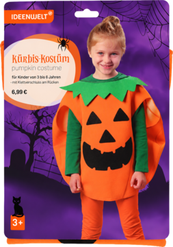 Pomarańczowy kostium dyni dla dzieci z zielonym kołnierzem, czarną twarzą dyni jack-o'-lantern, na Halloween.