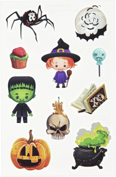 Kolekcja uroczych Halloweenowych ilustracji: dynia, pająk, wiedźma, Frankenstein, księżyc, kocioł, czaszka na białym tle.