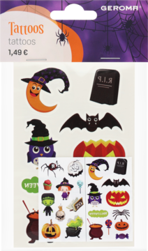 Tatuaże tymczasowe Geroma na Halloween, zestaw z dynią, nietoperzem, sowią wiedźmą, księżycem i grobowcem, front opakowania.