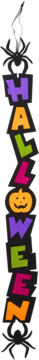 Vertical Halloween banner: colorful block letters spelling HALLOWEEN, an orange pumpkin for 'O', with spiders.
