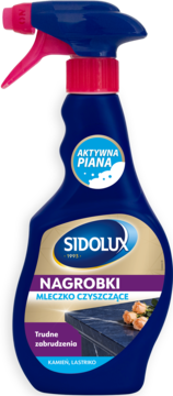 Granatowa butelka Sidolux Nagrobki Mleczko Czyszczące z różowym spryskiwaczem, aktywna piana, widok z przodu.