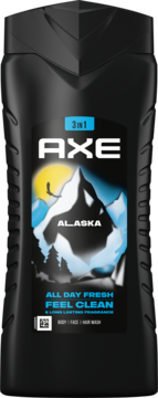 Czarny żel pod prysznic AXE Alaska 3w1 Feel Clean, z etykietą ośnieżonych gór i lasu, widok z przodu.