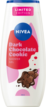 Nivea Dark Chocolate Cookie Shower Gel 250ml, biała butelka z czerwoną etykietą i czekoladą, widok z przodu, edycja limitowana.