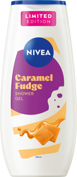Nivea Caramel Fudge Shower Gel w białej butelce, przód, fioletowa etykieta z karmelami. Edycja limitowana.