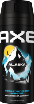 Czarny dezodorant AXE Alaska 150ml, widok z przodu. Etykieta z górami, słońcem i napisem 0% aluminium.