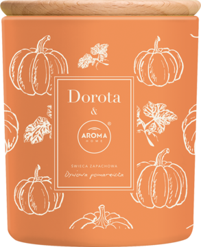 Pomarańczowa świeca zapachowa Dorota & Aroma Home dynia i pomarańcza, z białymi dyniami, drewniana pokrywka.