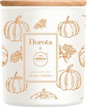 Biała świeca zapachowa Dorota & Aroma Home, z dyniowymi wzorami, drewniana pokrywka. Zapach Dyniowej Słodkości.