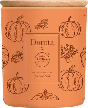 Pomarańczowa świeca zapachowa Dorota & Aroma Home Pumpkin Latte z dyniami, drewniana pokrywka, widok z przodu.