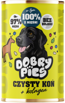 Puszka Dobry Pies Czysty Koń+kolagen, żółta, z labradorem i grafiką konia. Karma zawiera 97% mięsa.