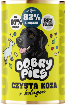 Żółta puszka karmy Dobry Pies Czysta Koza + kolagen, z grafiką czarnego psa i kozy, 97% mięsa.