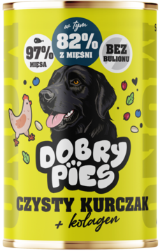 Żółta puszka karmy dla psów Dobry Pies Czysty Kurczak + Kolagen, z czarnym psem i kurczakiem, widok z przodu.