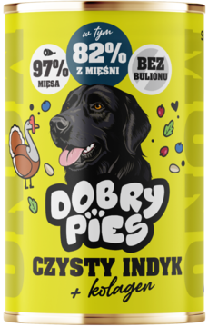 Żółta puszka karmy Dobry Pies Czysty Indyk + kolagen z wizerunkiem czarnego psa, widok z przodu.
