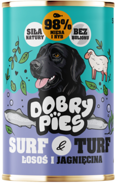 Turkusowo-fioletowa puszka mokrej karmy Dobry Pies Surf & Turf Łosoś i Jagnięcina, z psem i owcą.