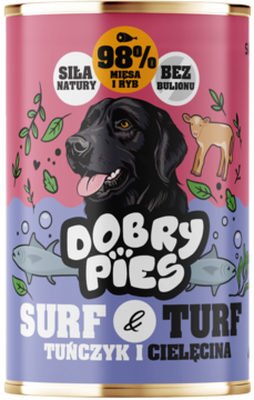Puszka karmy Dobry Pies Surf & Turf Tuńczyk i Cielęcina z miętą, z przodu, z grafiką psa, ryb i 98% mięsa.