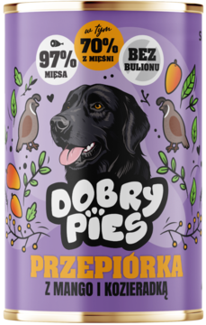 Fioletowa puszka mokrej karmy Dobry Pies Przepiórka z Mango i Kozieradką dla psów, z wizerunkiem labradora, 97% mięsa.