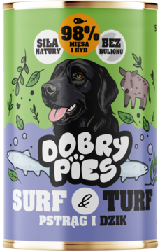 Mokra karma Dobry Pies Surf & Turf Pstrąg i Dzik, zielono-fioletowa puszka z psem, rybami i dzikiem.