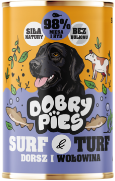 Puszka mokrej karmy dla psów Dobry Pies Surf & Turf Dorsz i Wołowina (98% mięsa/ryb), etykieta z psem.