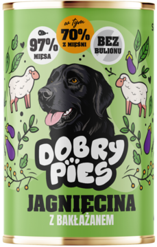 Zielona puszka Dobry Pies, karma Jagnięcina z Bakłażanem, 97% mięsa, czarny pies i owce.
