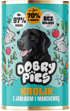 Puszka karmy Dobry Pies Królik z Jabłkiem i Marchewką, turkusowa, z grafiką psa i królika, widok z przodu.