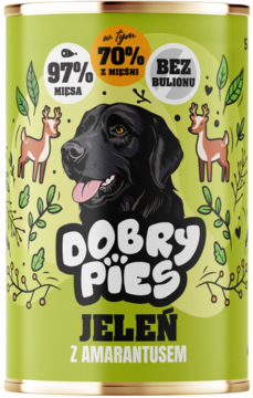 Front zielonej puszki karmy Dobry Pies Jeleń z Amarantusem, z grafiką psa i jeleni, napis: 97% mięsa.