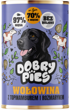 Puszka karmy Dobry Pies Wołowina z topinamburem. Granatowa, z czarnym psem, wołowymi krowami i 97% mięsa.