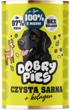 Puszka mokrej karmy Dobry Pies Czysta Sarna + kolagen, żółta etykieta z psem, jeleniem i owocami, widok z przodu.