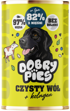 Żółta puszka karmy mokrej dla psów Dobry Pies Czysty Woł + kolagen, z grafiką psa i krowy na froncie.