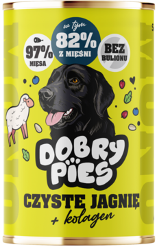 Puszka mokrej karmy Dobry Pies Czyste Jagnię z kolagenem, żółta etykieta z psem i owcą, widok z przodu.