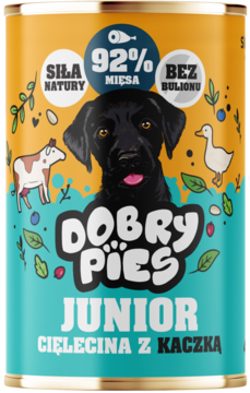 Mokra karma dla szczeniąt Dobry Pies Junior Cielęcina z Kaczką w puszce, etykieta z czarnym labradorem i 92% mięsa.