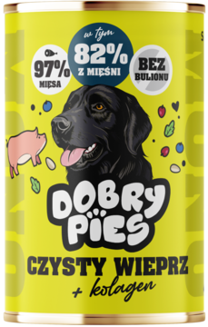 Żółta puszka karmy dla psów Dobry Pies Czysty Wieprz + kolagen, z grafiką czarnego psa i tekstem 97% mięsa.