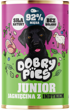 Mokra karma Dobry Pies Junior, puszka różowo-zielona, szczeniak, 92% mięsa, jagnięcina z indykiem, widok z przodu.