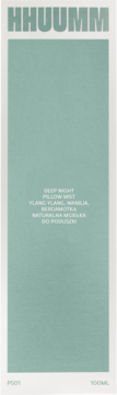 HHUUMM Deep Night Pillow Mist, 100ml, miętowe opakowanie z tekstem Ylang Ylang, Wanilia, Bergamotka, z przodu.