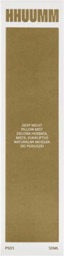 HHUUMM Deep Night Pillow Mist w złoto-brązowym opakowaniu, miętą, zieloną herbatą i eukaliptusem, widok z przodu.