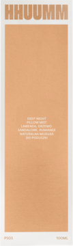 HHUUMM Deep Night Pillow Mist 100ml, front opakowania brzoskwiniowego z białym tekstem, lawenda, rumianek, sandałowiec.