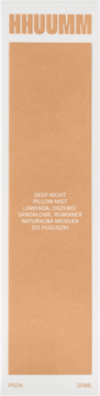 HHUUMM Deep Night Pillow Mist 50ml, beżowe opakowanie, przód. Z lawendą, drzewem sandałowym i rumiankiem.