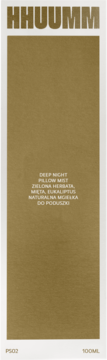 HHUUUMM Deep Night Pillow Mist, złoto-białe pudełko z tekstem: zielona herbata, mięta, eukaliptus, widok z przodu.