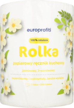 Europrofiti Rolka jaśminowego ręcznika kuchennego 100% celulozy, 3-warstwowa, na białym tle z żółtymi kwiatami.