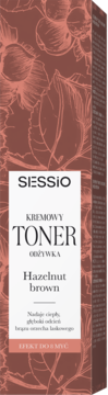 Sessio Kremowy Toner Odżywka Hazelnut Brown, brązowe pudełko z grafiką orzechów, widok z przodu.