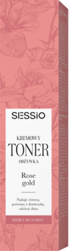 Front różowego opakowania Sessio Rose Gold Kremowy Toner-Odżywka, z białym panelem i kwiatowym wzorem.
