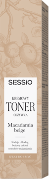 Sessio Kremowy Toner Odżywka Macadamia Beige, beżowe opakowanie z rysunkiem gałązek makadamii, front.