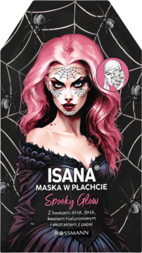 ISANA Spooky Glow maska w płachcie z AHA/BHA i papają, ciemne opakowanie z różową diablicą, widok przód.