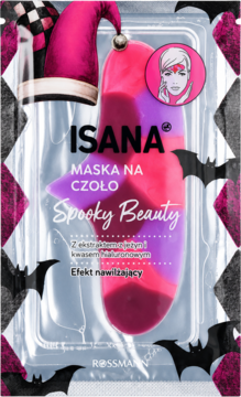 ISANA Maska na czoło Spooky Beauty z dynią i kwasem hialuronowym. Różowo-fioletowa, w halloweenowym opakowaniu z nietoperzami.