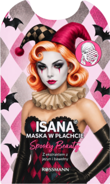 ISANA Spooky Beauty maska w płachcie z wizerunkiem rudowłosej harlekinki na różowo-czarnym tle, widok przód.