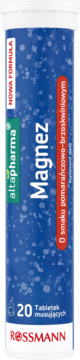 Altapharma Magnez, 20 tabletek musujących o smaku pomarańczowo-brzoskwiniowym w niebieskiej tubie, z przodu.