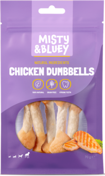 Fioletowa torba Misty & Bluey Chicken Dumbbells, naturalne przysmaki z kurczaka dla psa, wspierające zęby. Widok z przodu.