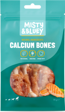 Tealowa torebka Misty & Bluey Calcium Bones, naturalne bezzbożowe kostki dla psa wspierające zęby.