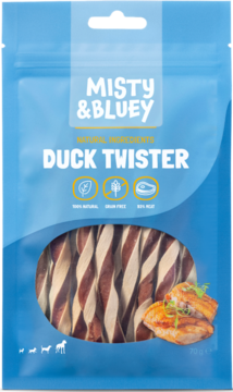 Niebieska paczka Misty & Bluey Duck Twister, z okienkiem ukazującym spiralne, dwukolorowe przysmaki z kaczki.